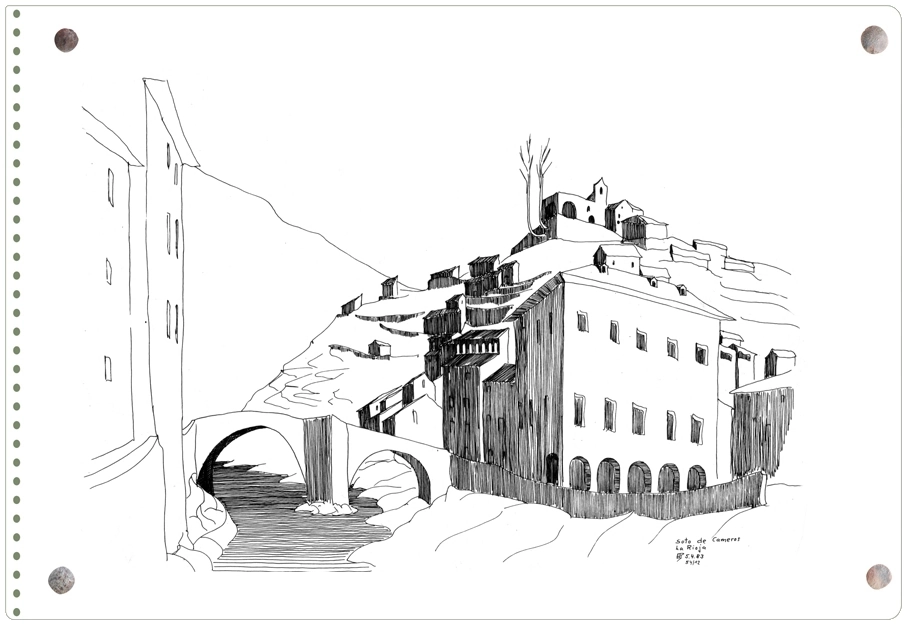 Dibujo de Ernesto Reiner con una vista general de Soto desde el río