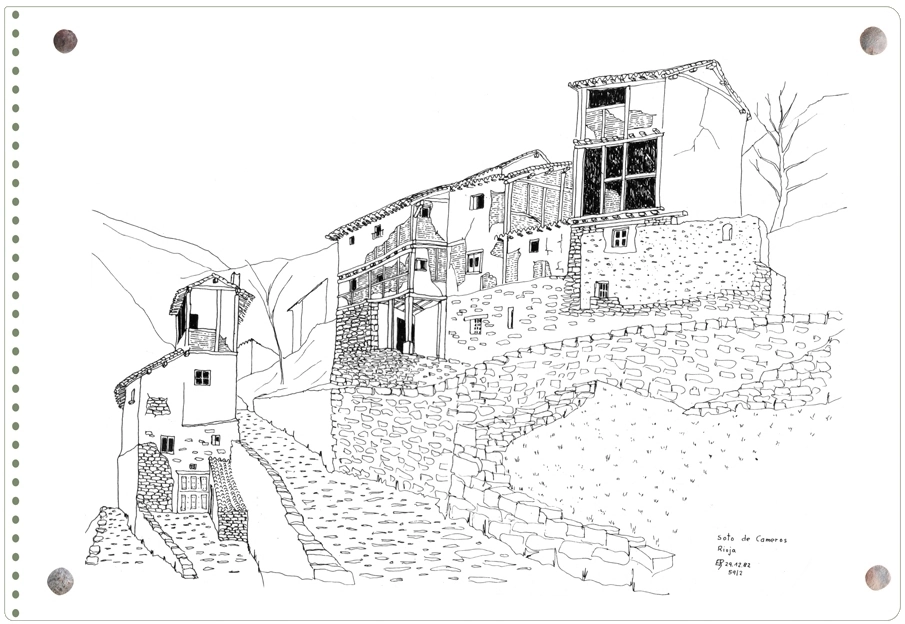 Dibujo de Ernesto Reiner con grupos de casas en la ladera